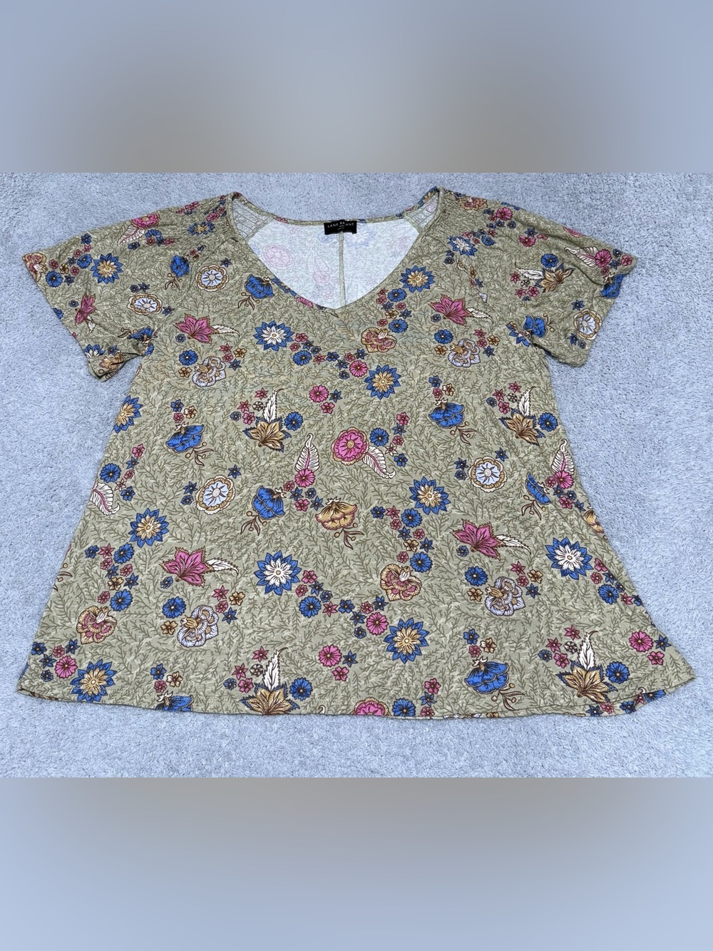 Lane Bryant Women's Green Floral Print Short Sleeve Boho Top Size 18/20